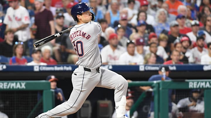 Aug 26, 2024; Philadelphia, Pennsylvania, USA; Houston Astros shortstop Shay Whitcomb (10) hits a two-RBI double against the Philadelphia Phillies during the fourth inning at Citizens Bank Park. Aug 26, 2024; Philadelphia, Pennsylvania, USA; Houston Astros shortstop Shay Whitcomb (10) hits a two-RBI double against the Philadelphia Phillies during the fourth inning at Citizens Bank Park.