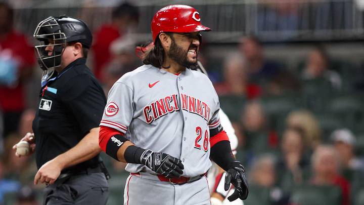 Sep 23, 2026; Atlanta, Georgia, USA; Cincinnati Reds designated hitter Eugenio Suarez (28) reacts after being hit by a pitch against the Atlanta Braves in the fourth inning at Truist Park. Mandatory Credit: Brett Davis-Imagn Images