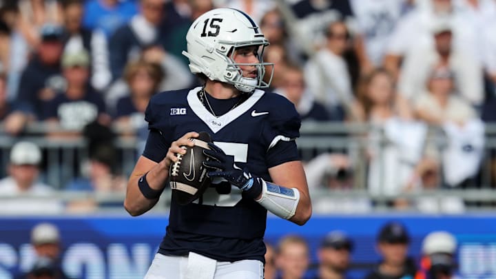 Penn State Nittany Lions quarterback Drew Allar (15) looks to throw a pass during the first quarter against the Northwestern Wildcats at Beaver Stadium.
