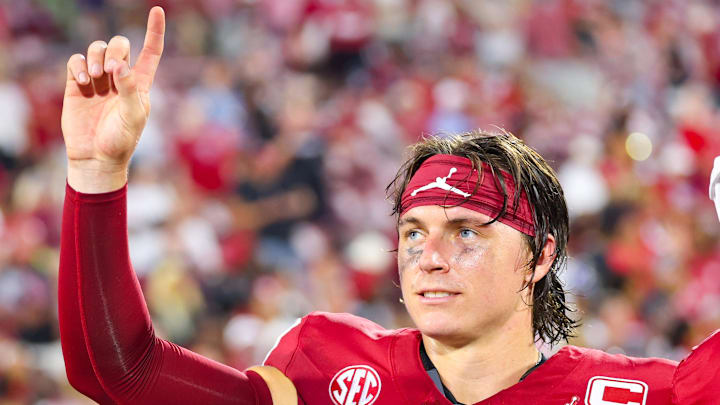 Oklahoma quarterback John Mateer celebrates his first victory with the Sooners. Oklahoma quarterback John Mateer celebrates his first victory with the Sooners.