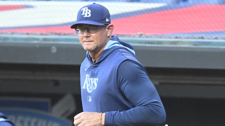 Aug 26, 2025; Cleveland, Ohio, USA; Tampa Bay Rays pitching coach Kyle Snyder (23) walks on the field in the first inning against the Cleveland Guardians at Progressive Field. Mandatory Credit: David Richard-Imagn Images