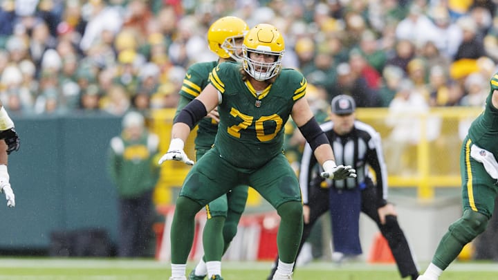 Oct 16, 2022; Green Bay, Wisconsin, USA; Green Bay Packers offensive linenam Royce Newman (70) during the game against the New York Jets at Lambeau Field. Mandatory Credit: Jeff Hanisch-Imagn Images Oct 16, 2022; Green Bay, Wisconsin, USA; Green Bay Packers offensive linenam Royce Newman (70) during the game against the New York Jets at Lambeau Field. Mandatory Credit: Jeff Hanisch-Imagn Images