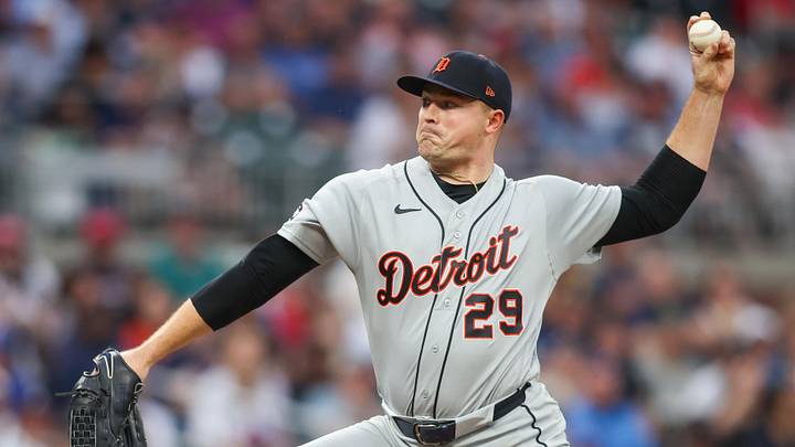 Apr 29, 2026; Atlanta, Georgia, USA; Detroit Tigers starting pitcher Tarik Skubal (29) throws against the Atlanta Braves in the second inning at Truist Park. Mandatory Credit: Brett Davis-Imagn Images