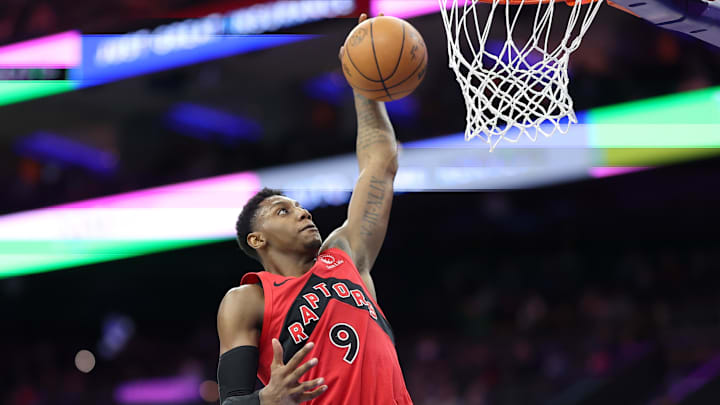 Mar 30, 2025; Philadelphia, Pennsylvania, USA; Toronto Raptors guard RJ Barrett (9) dunks the ball against the Philadelphia 76ers during the fourth quarter at Wells Fargo Center. Mandatory Credit: Bill Streicher-Imagn Images Mar 30, 2025; Philadelphia, Pennsylvania, USA; Toronto Raptors guard RJ Barrett (9) dunks the ball against the Philadelphia 76ers during the fourth quarter at Wells Fargo Center. Mandatory Credit: Bill Streicher-Imagn Images