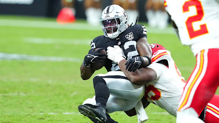 Las Vegas Raiders running back Alexander Mattison is a risky prop target in Week 13. Las Vegas Raiders running back Alexander Mattison is a risky prop target in Week 13.