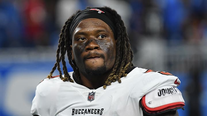 Sep 15, 2024; Detroit, Michigan, USA; Tampa Bay Buccaneers linebacker J.J. Russell (51) looks on after their game against the Detroit Lions at Ford Field. Mandatory Credit: Eamon Horwedel-Imagn Images