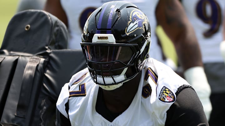  Baltimore Ravens defensive tackle C.J. Okoye looks on during an NFL OTA at Under Armour Performance Center.