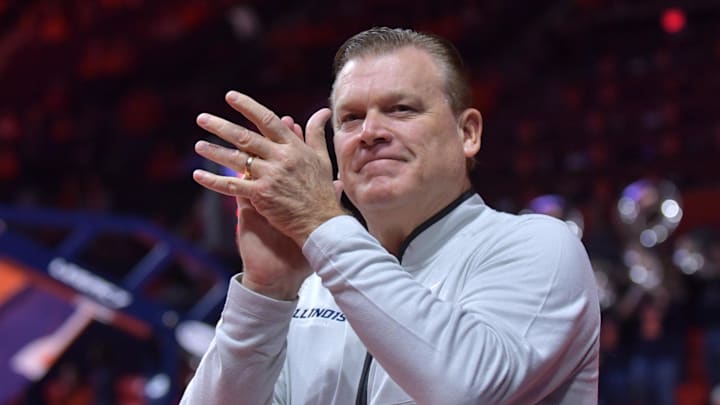 Nov 23, 2024; Champaign, Illinois, USA;  Illinois Fighting Illini head coach Brad Underwood during the first half against the Maryland-Eastern Shore Hawks at State Farm Center. Mandatory Credit: Ron Johnson-Imagn Images