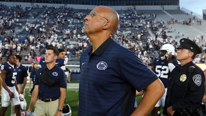 Penn State Nittany Lions head coach James Franklin watches the replay of the final play of the game against the Villanova Wildcats at Beaver Stadium. 