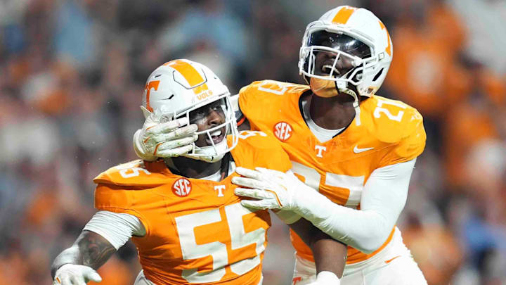 Tennessee’s Tennessee defensive lineman James Pearce Jr. (27) celebraes Tennessee defensive lineman Omarr Norman-Lott’s (55) sack during an NCAA college football game between Tennessee and Mississippi State at Neyland Stadium in Knoxville, Tenn., Saturday, Nov. 9, 2024. (A nice clean celebration shot.)