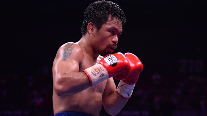 Manny Pacquiao boxes against Keith Thurman (not pictured) during their WBA welterweight championship bout at MGM Grand Garden Arena. Pacquiao won via split decision. 