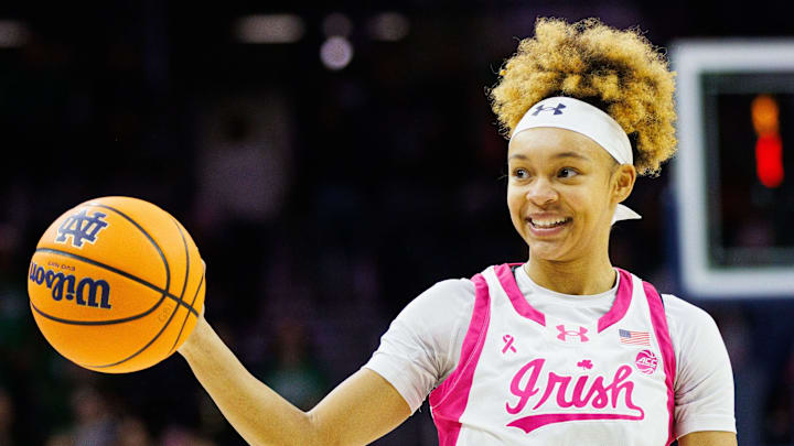 Notre Dame guard Hannah Hidalgo looks on during a NCAA women's basketball game between No. 3 Notre Dame and No. 21 California at Purcell Pavilion on Sunday, Feb. 9, 2025, in South Bend.