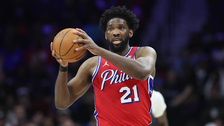 Apr 3, 2026; Philadelphia, Pennsylvania, USA; Philadelphia 76ers center Joel Embiid (21) controls the ball against the Minnesota Timberwolves during the second quarter at Xfinity Mobile Arena. Mandatory Credit: Bill Streicher-Imagn Images