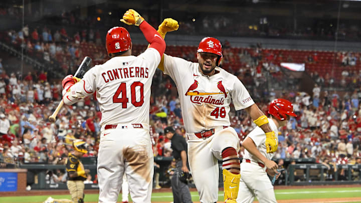 Jul 24, 2025; St. Louis, Missouri, USA; St. Louis Cardinals designated hitter Ivan Herrera (48) celebrates with first baseman Willson Contreras (40) after hitting a solo home run against the San Diego Padres during the sixth inning at Busch Stadium. Mandatory Credit: Jeff Curry-Imagn Images Jul 24, 2025; St. Louis, Missouri, USA; St. Louis Cardinals designated hitter Ivan Herrera (48) celebrates with first baseman Willson Contreras (40) after hitting a solo home run against the San Diego Padres during the sixth inning at Busch Stadium. Mandatory Credit: Jeff Curry-Imagn Images