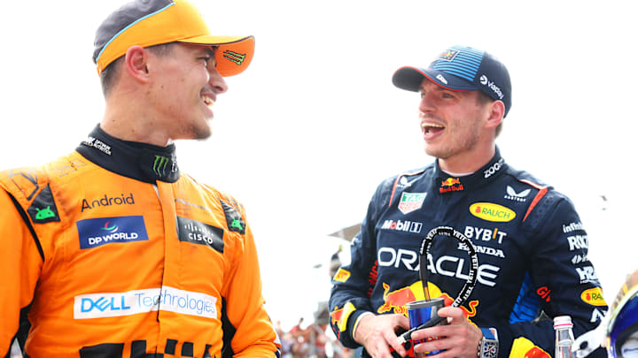 Race winner Max Verstappen of the Netherlands and Oracle Red Bull Racing and Second placed Lando Norris of Great Britain and McLaren talk in parc ferme during the F1 Grand Prix of Emilia-Romagna at Autodromo Enzo e Dino Ferrari Circuit on May 19, 2024 in Imola, Italy. Race winner Max Verstappen of the Netherlands and Oracle Red Bull Racing and Second placed Lando Norris of Great Britain and McLaren talk in parc ferme during the F1 Grand Prix of Emilia-Romagna at Autodromo Enzo e Dino Ferrari Circuit on May 19, 2024 in Imola, Italy.