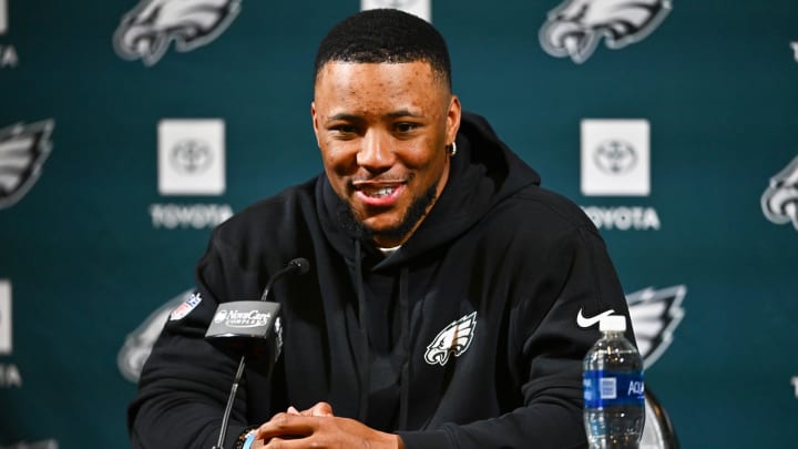 Mar 14, 2024; Philadelphia, PA, USA; Philadelphia Eagles running back Saquon Barkley speaks during a press conference after signing with the team. Mandatory Credit: Kyle Ross-USA TODAY Sports