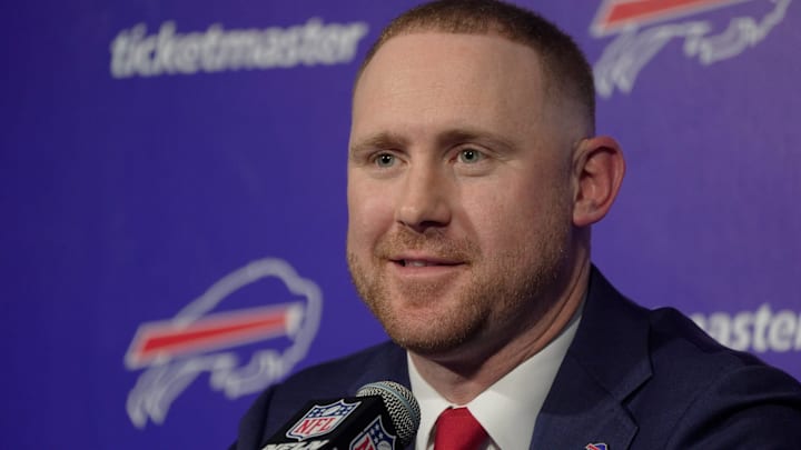 New Bills head coach Joe Brady talks about some of his vision as coach at the Bills field house in Orchard Park.