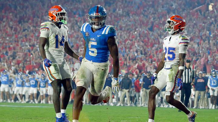 Nov 15, 2025; Oxford, Mississippi, USA; Mississippi Rebels running back Kewan Lacy (5) runs the ball for a touchdown during the fourth quarter against the Florida Gators at Vaught-Hemingway Stadium. Mandatory Credit: Petre Thomas-Imagn Images Nov 15, 2025; Oxford, Mississippi, USA; Mississippi Rebels running back Kewan Lacy (5) runs the ball for a touchdown during the fourth quarter against the Florida Gators at Vaught-Hemingway Stadium. Mandatory Credit: Petre Thomas-Imagn Images