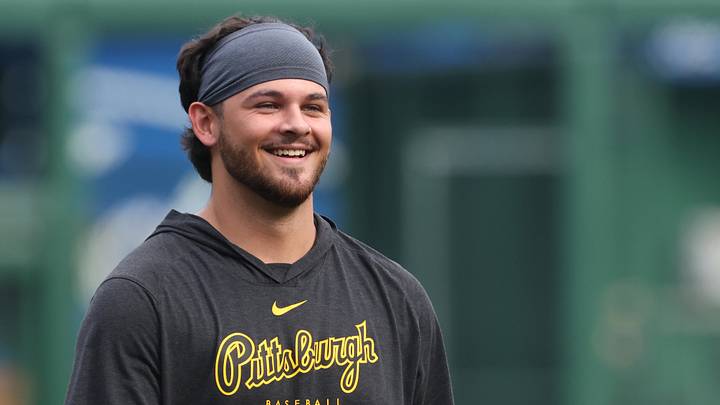 Sep 20, 2025; Pittsburgh, Pennsylvania, USA;  Pittsburgh Pirates pitcher Jared Jones (37) reacts on the field before the game against the Athletics at PNC Park. Mandatory Credit: Charles LeClaire-Imagn Images