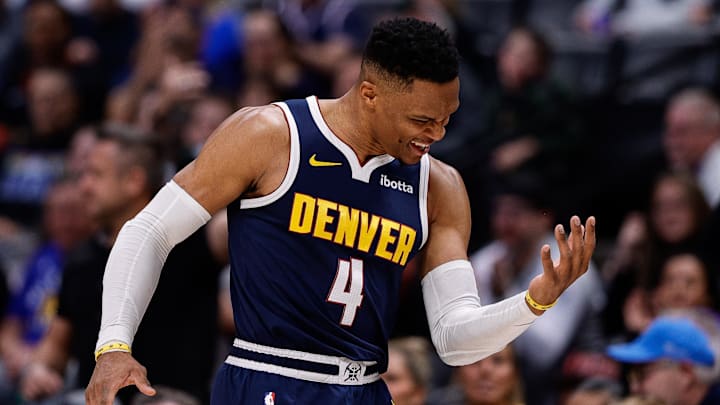 Dec 13, 2024; Denver, Colorado, USA; Denver Nuggets guard Russell Westbrook (4) reacts after a play in the fourth quarter against the Los Angeles Clippers at Ball Arena. Mandatory Credit: Isaiah J. Downing-Imagn Images