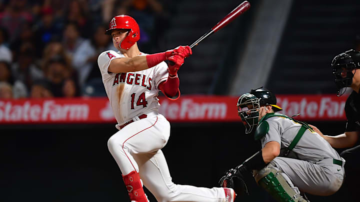 Sep 28, 2022; Anaheim, California, USA; Los Angeles Angels catcher Logan O'Hoppe (14) grounds out