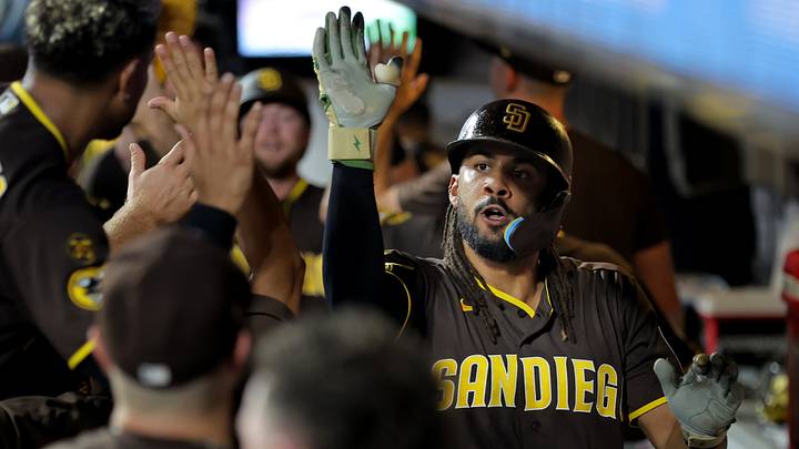 Aug 18, 2026; New York City, New York, USA; San Diego Padres right fielder Fernando Tatis Jr. (23) celebrates his two run home run against the New York Mets with teammates in the dugout during the fifth inning at Citi Field. Mandatory Credit: Brad Penner-Imagn Images