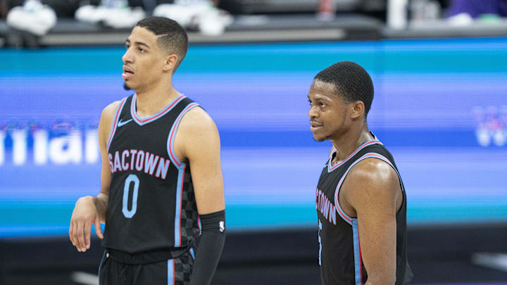 April 14, 2021; Sacramento, California, USA; Sacramento Kings guard Tyrese Haliburton (0) and guard De'Aaron Fox (5) during the third quarter against the Washington Wizards at Golden 1 Center. Mandatory Credit: Kyle Terada-Imagn Images April 14, 2021; Sacramento, California, USA; Sacramento Kings guard Tyrese Haliburton (0) and guard De'Aaron Fox (5) during the third quarter against the Washington Wizards at Golden 1 Center. Mandatory Credit: Kyle Terada-Imagn Images
