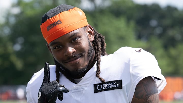 Jul 28, 2025; Berea, OH, USA; Cleveland Browns cornerback Martin Emerson Jr. (1) during training camp at CrossCountry Mortgage Campus. Mandatory Credit: Ken Blaze-Imagn Images