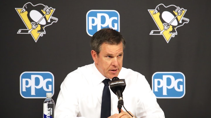 Feb 23, 2025; Pittsburgh, Pennsylvania, USA;  Pittsburgh Penguins head coach Mike Sullivan address the media after the game against the New York Rangers at PPG Paints Arena. Mandatory Credit: Charles LeClaire-Imagn Images