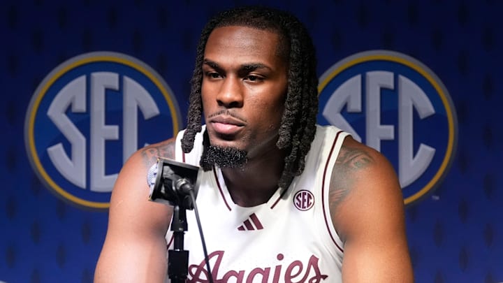 Texas A&M forward Mackenzie Mgbako talks to reporters at SEC Media Day in the Grand Bohemian Hotel.
