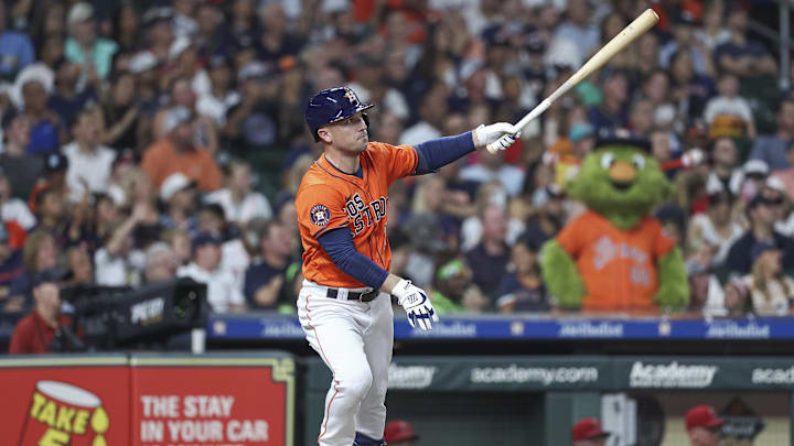 Sep 20, 2024; Houston, Texas, USA; Houston Astros third baseman Alex Bregman (2) hits a home run during the third inning against the Los Angeles Angels at Minute Maid Park. Mandatory Credit: Troy Taormina-Imagn Images