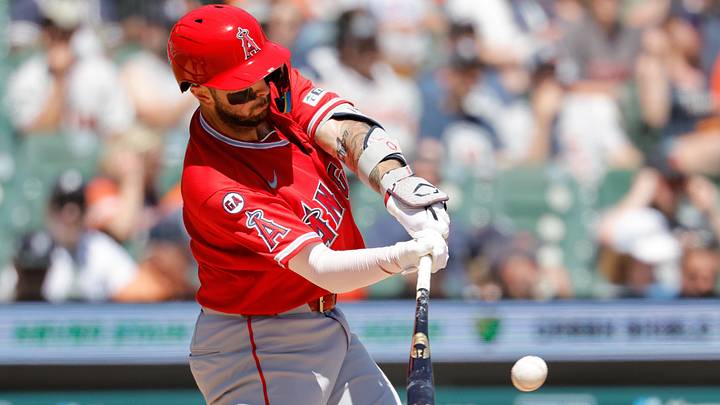 May 28, 2026; Detroit, Michigan, USA;  Los Angeles Angels shortstop Zach Neto (9) hits a single in the seventh inning against the Detroit Tigers at Comerica Park. Mandatory Credit: Rick Osentoski-Imagn Images
