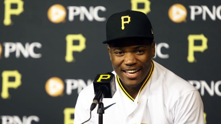 Termarr Johnson the Pittsburgh Pirates first-round draft pick and fourth overall player drafted in the 2022 MLB Draft speaks at an introductory press conference before the Pirates host the Philadelphia Phillies at PNC Park.