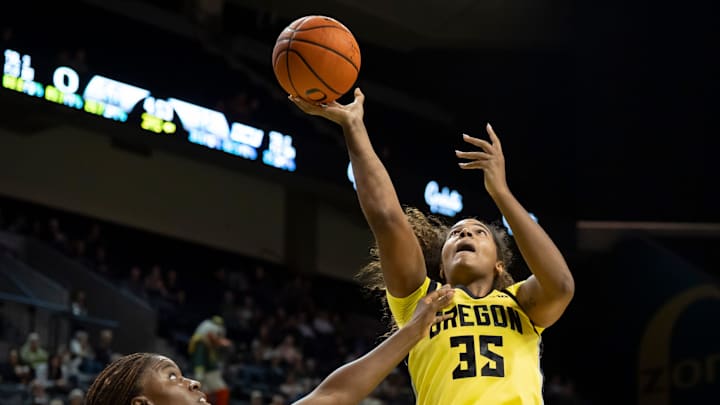 Oregon forward Ehis Etute puts up a shot as the Oregon Ducks host the Grand Canyon Antelopes Nov. 11, 2025, at Matthew Knight Arena in Eugene, Oregon.