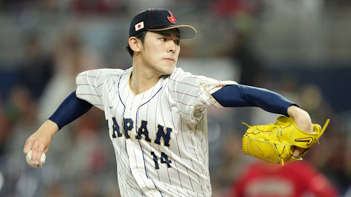 Japanese ace Roki Sasaki pitching in the 2023 World Baseball Classic against Mexico