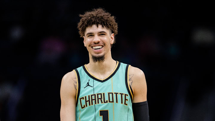 Jan 25, 2025; Charlotte, North Carolina, USA; Charlotte Hornets guard LaMelo Ball (1) reacts during the second quarter against the New Orleans Pelicans at Spectrum Center. Mandatory Credit: Scott Kinser-Imagn Images