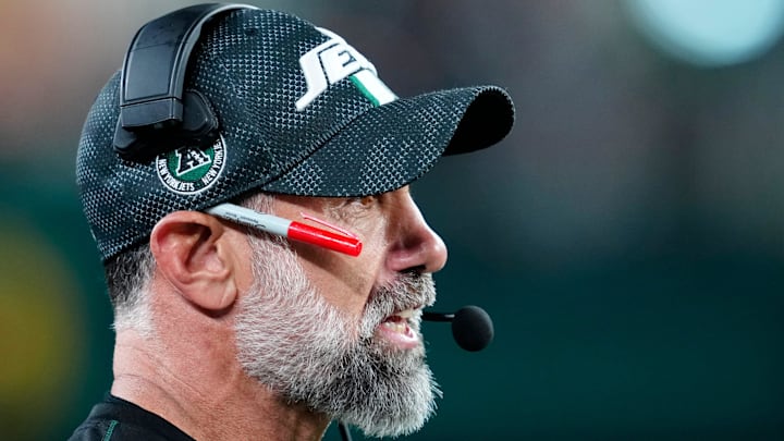 New York Jets Interim Head Coach Jeff Ullrich is shown during the game, Thursday, October 31, 2024, in East Rutherford. New York Jets Interim Head Coach Jeff Ullrich is shown during the game, Thursday, October 31, 2024, in East Rutherford.