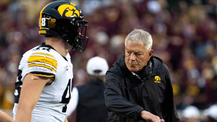 Iowa head coach Kirk Ferentz high fives Iowa Hawkeyes tight end Zach Ortwerth (48) Oct. 24, 2026 during a Big Ten football game against the Minnesota Golden Gophers in Minneapolis, Minnesota. Iowa head coach Kirk Ferentz high fives Iowa Hawkeyes tight end Zach Ortwerth (48) Oct. 24, 2026 during a Big Ten football game against the Minnesota Golden Gophers in Minneapolis, Minnesota.
