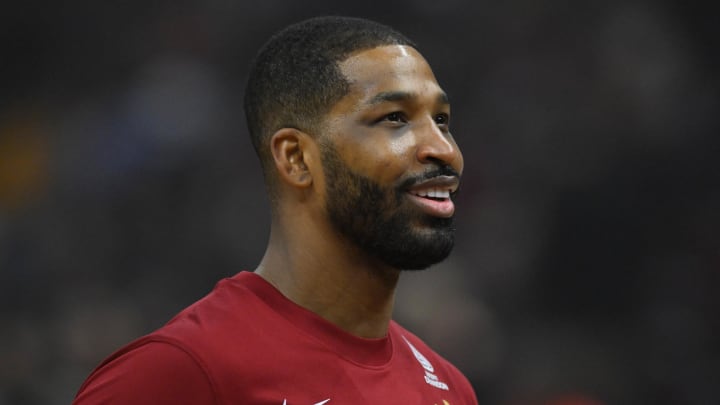 Apr 14, 2024; Cleveland, Ohio, USA; Cleveland Cavaliers center Tristan Thompson (13) stands on the court before a game against the Charlotte Hornets at Rocket Mortgage FieldHouse.