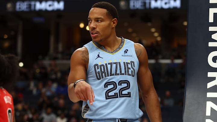 Oct 28, 2024; Memphis, Tennessee, USA; Memphis Grizzlies guard Desmond Bane (22) reacts after a basket during the first half against the Chicago Bulls at FedExForum. Mandatory Credit: Petre Thomas-Imagn Images