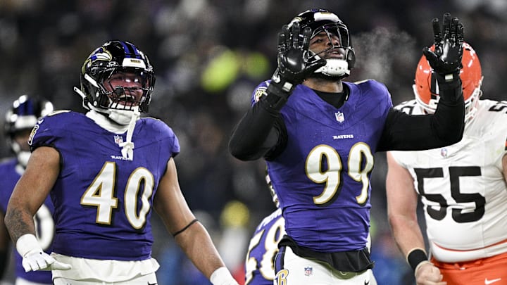 Jan 4, 2025; Baltimore, Maryland, USA; Baltimore Ravens linebacker Odafe Oweh (99) reacts after sacking Cleveland Browns quarterback Bailey Zappe (not pictured) during the second half at M&T Bank Stadium. Mandatory Credit: Tommy Gilligan-Imagn Images Jan 4, 2025; Baltimore, Maryland, USA; Baltimore Ravens linebacker Odafe Oweh (99) reacts after sacking Cleveland Browns quarterback Bailey Zappe (not pictured) during the second half at M&T Bank Stadium. Mandatory Credit: Tommy Gilligan-Imagn Images