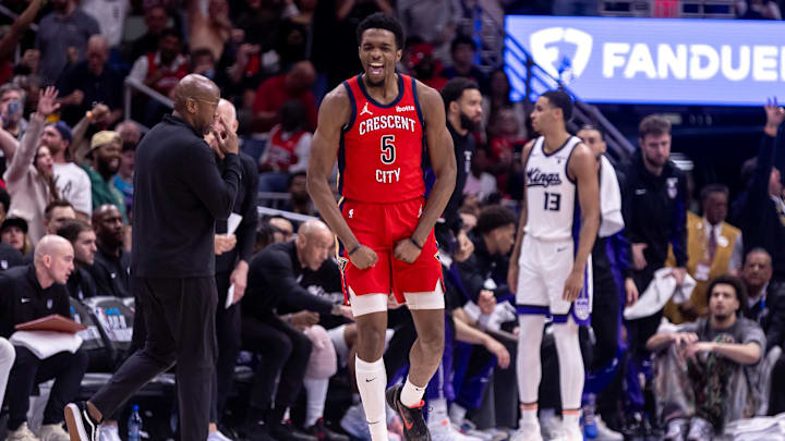 Apr 19, 2024; New Orleans, Louisiana, USA;  New Orleans Pelicans forward Herbert Jones (5) reacts to making a three point basket against the Sacramento Kings in the second half during a play-in game of the 2024 NBA playoffs at Smoothie King Center. Mandatory Credit: Stephen Lew-USA TODAY Sports