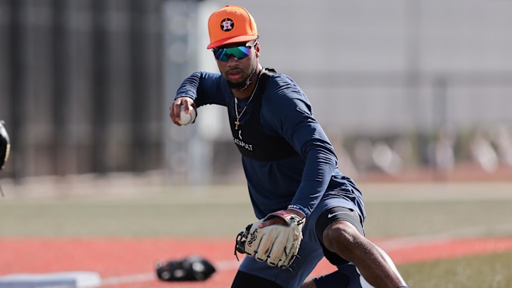 Feb 14, 2025; West Palm Beach, FL, USA; Houston Astros infielder Brice Matthews (86) works out during spring training at CACTI Park of the Palm Beaches.