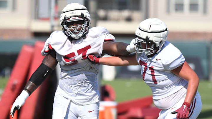 The Crimson Tide players and coaches continue working toward the season opener in practice Tuesday, Aug. 13, 2024. Alabama offensive lineman Elijah Pritchett (57) blocks Alabama offensive lineman Jackson Howell (71). The Crimson Tide players and coaches continue working toward the season opener in practice Tuesday, Aug. 13, 2024. Alabama offensive lineman Elijah Pritchett (57) blocks Alabama offensive lineman Jackson Howell (71).