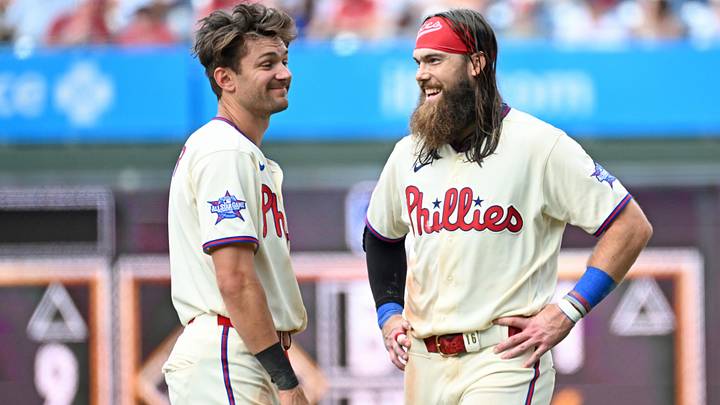 Jun 7, 2026; Philadelphia, Pennsylvania, USA; Philadelphia Phillies shortstop Trea Turner (7) and left fielder Brandon Marsh (16) on the field after the eighth inning at Citizens Bank Park. Jun 7, 2026; Philadelphia, Pennsylvania, USA; Philadelphia Phillies shortstop Trea Turner (7) and left fielder Brandon Marsh (16) on the field after the eighth inning at Citizens Bank Park.