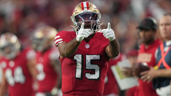 Oct 19, 2025; Santa Clara, California, USA; San Francisco 49ers wide receiver Jauan Jennings (15) celebrates after catching a pass for a first down during the second quarter against the Atlanta Falcons at Levi's Stadium.