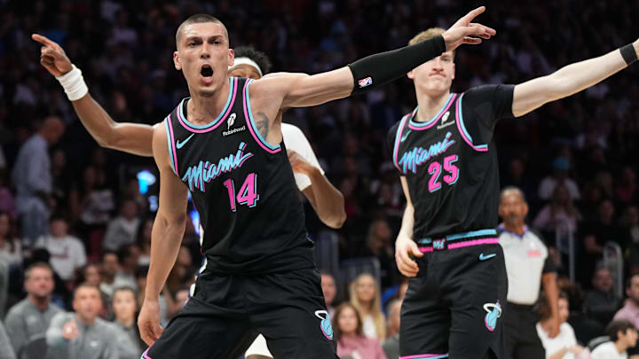 Feb 21, 2026; Miami, Florida, USA;  Miami Heat guard Tyler Herro (14) tries to persuade the officials on who has possession during the first half against the Memphis Grizzlies at Kaseya Center. Mandatory Credit: Jim Rassol-Imagn Images