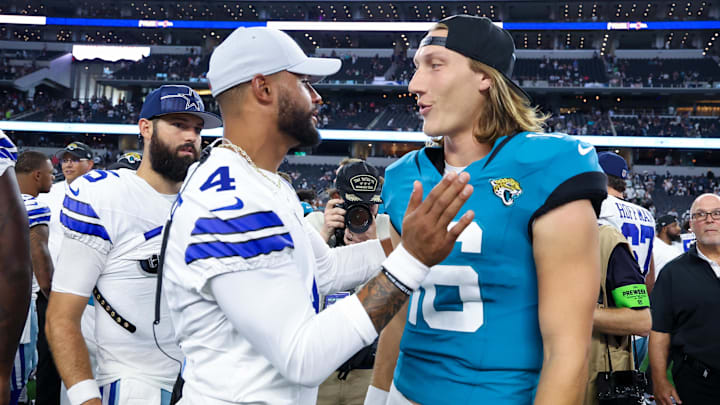 Aug 12, 2023; Arlington, Texas, USA; Dallas Cowboys quarterback Dak Prescott (4). Aug 12, 2023; Arlington, Texas, USA; Dallas Cowboys quarterback Dak Prescott (4).