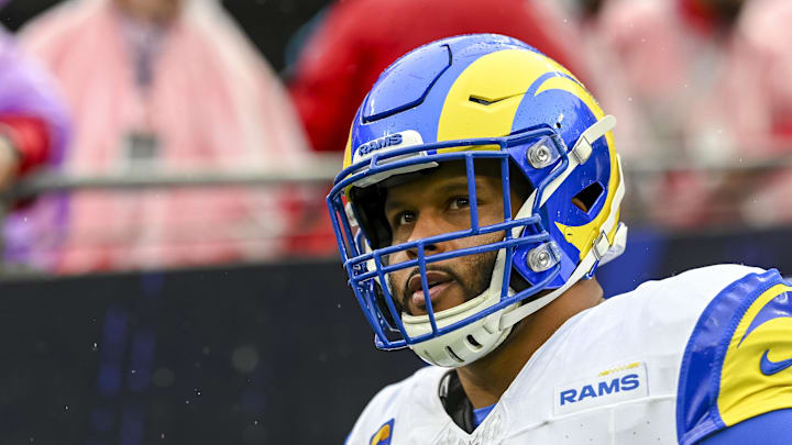 Dec 10, 2023; Baltimore, Maryland, USA; Los Angeles Rams defensive tackle Aaron Donald (99) before the game against the Baltimore Ravens at M&T Bank Stadium. Mandatory Credit: Tommy Gilligan-Imagn Images Dec 10, 2023; Baltimore, Maryland, USA; Los Angeles Rams defensive tackle Aaron Donald (99) before the game against the Baltimore Ravens at M&T Bank Stadium. Mandatory Credit: Tommy Gilligan-Imagn Images