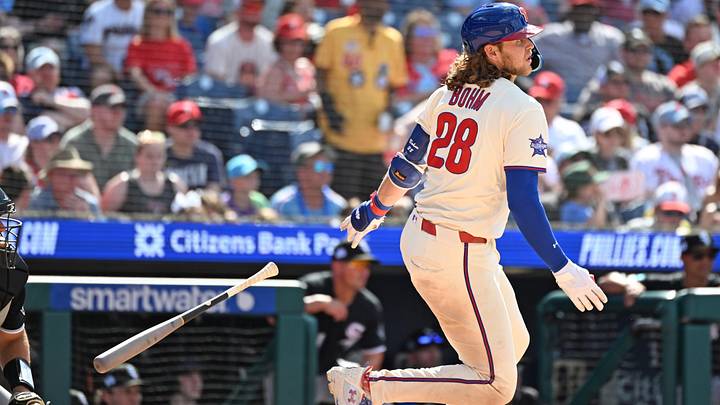 Jun 7, 2026; Philadelphia, Pennsylvania, USA; Philadelphia Phillies third baseman Alec Bohm (28) hits an RBI single against the Chicago White Sox during the sixth inning at Citizens Bank Park. Jun 7, 2026; Philadelphia, Pennsylvania, USA; Philadelphia Phillies third baseman Alec Bohm (28) hits an RBI single against the Chicago White Sox during the sixth inning at Citizens Bank Park.